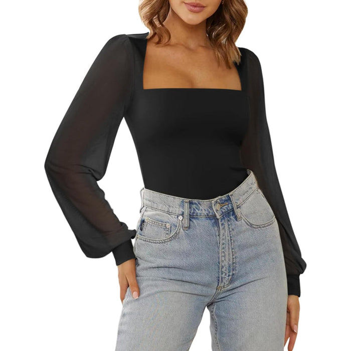Mesh Long Sleeve Bodysuit With Square Design For Comfortable Fit
