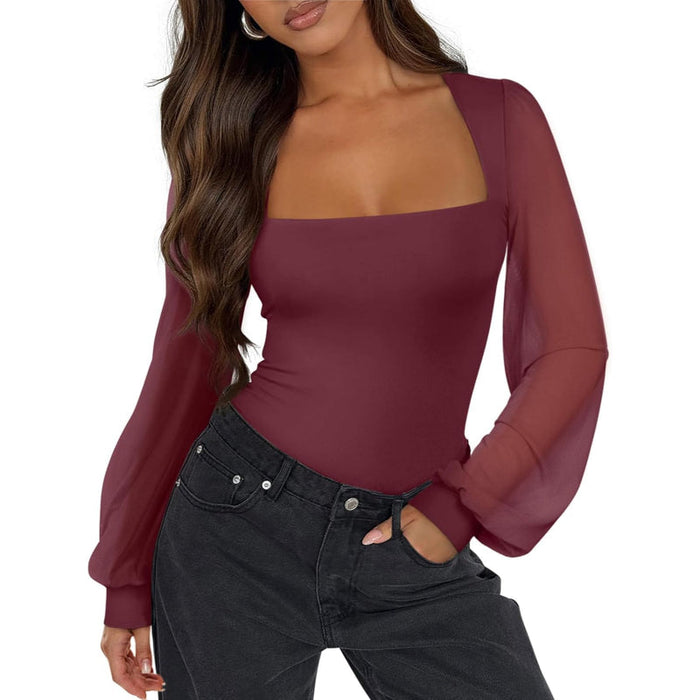Mesh Long Sleeve Bodysuit With Square Design For Comfortable Fit
