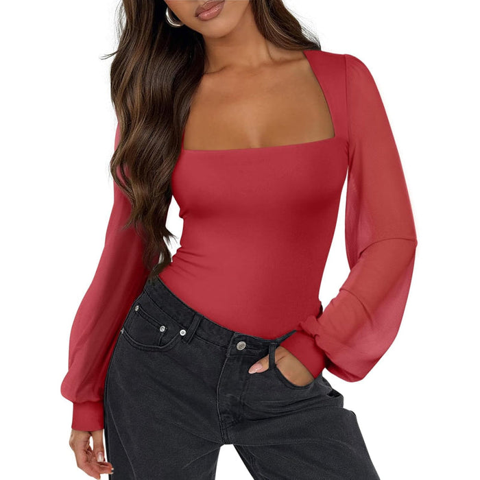 Mesh Long Sleeve Bodysuit With Square Design For Comfortable Fit